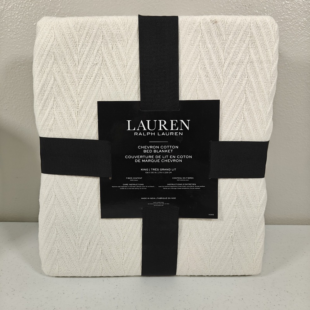 Lauren Ralph Lauren King Cotton Chevron Bed Blanket Cream Off White 108x90 NEW